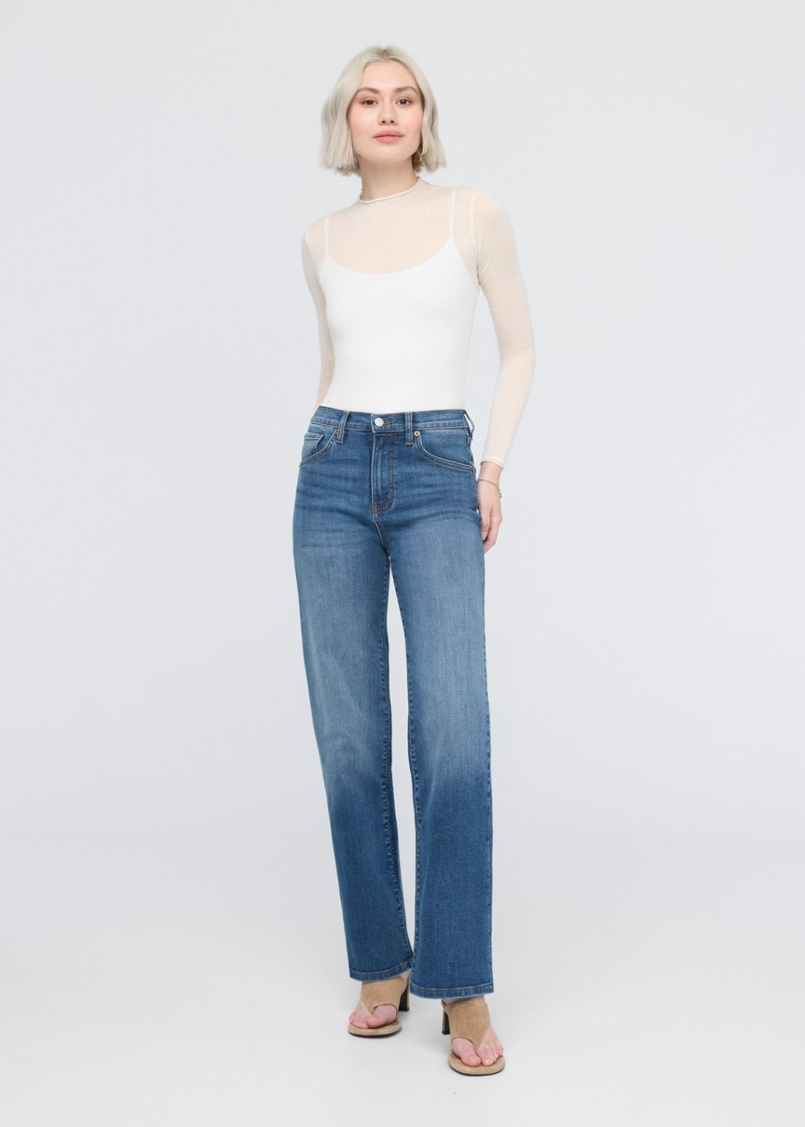 women's mid blue high rise straight jeans full body