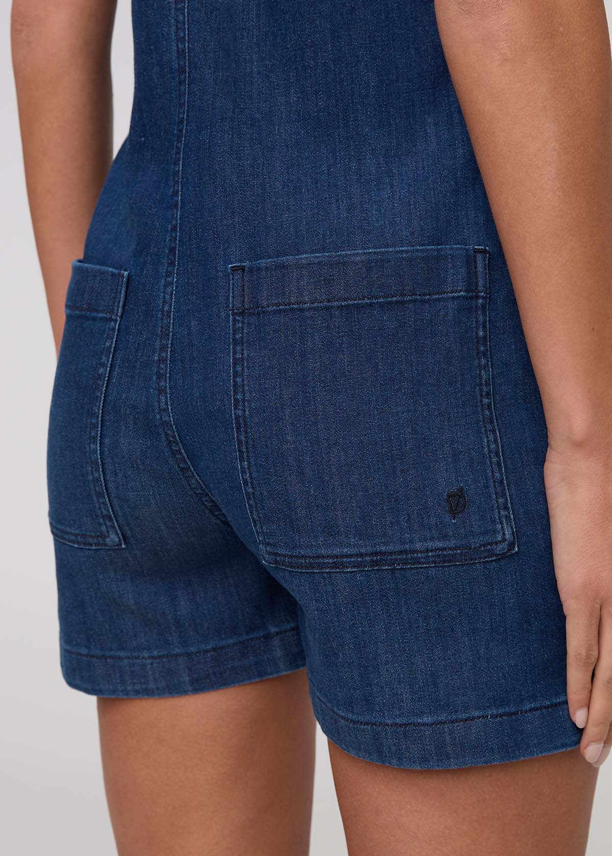 womens stone wash stretch denim romper back pockets
