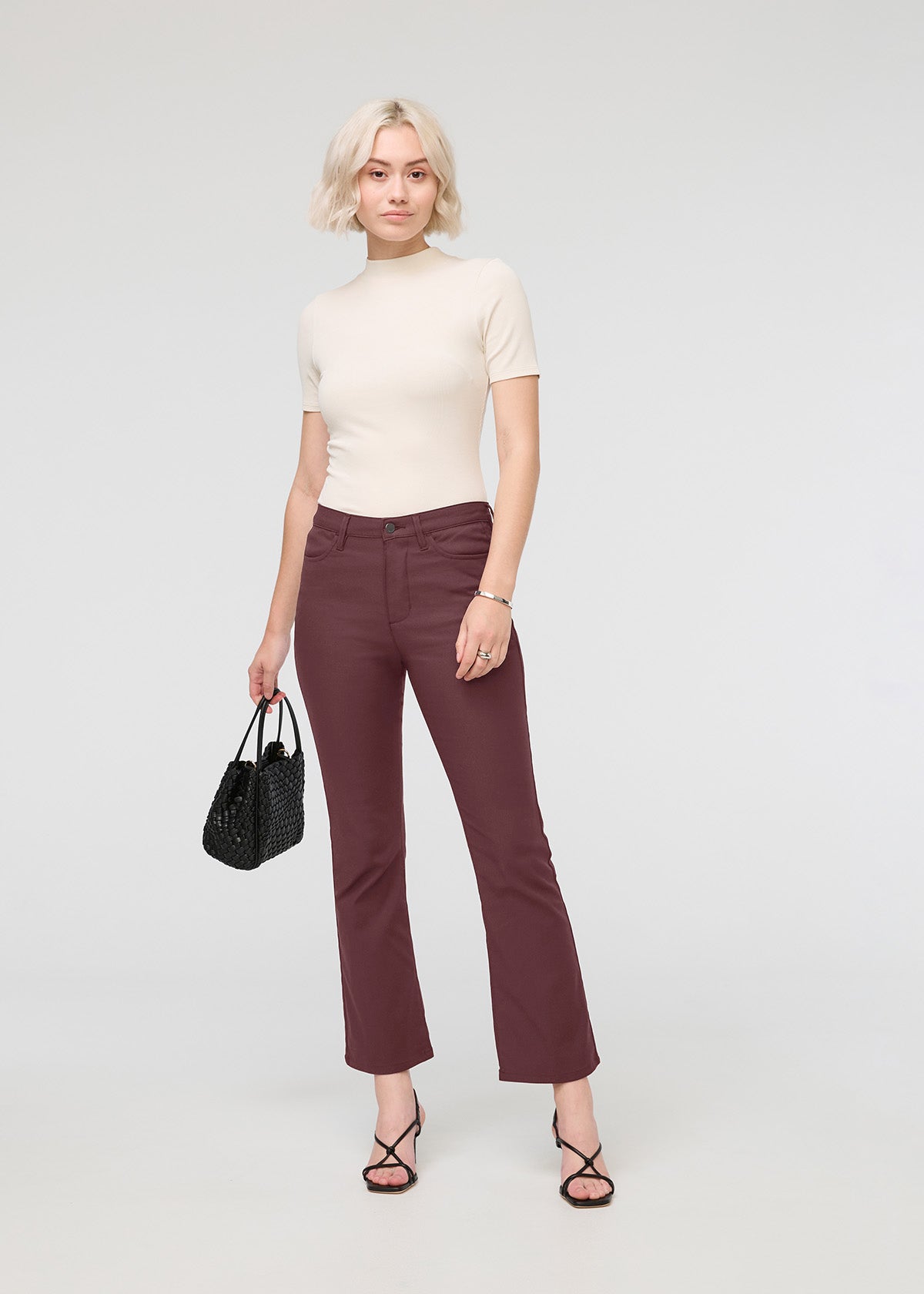 womens red crop kick flare pant full body