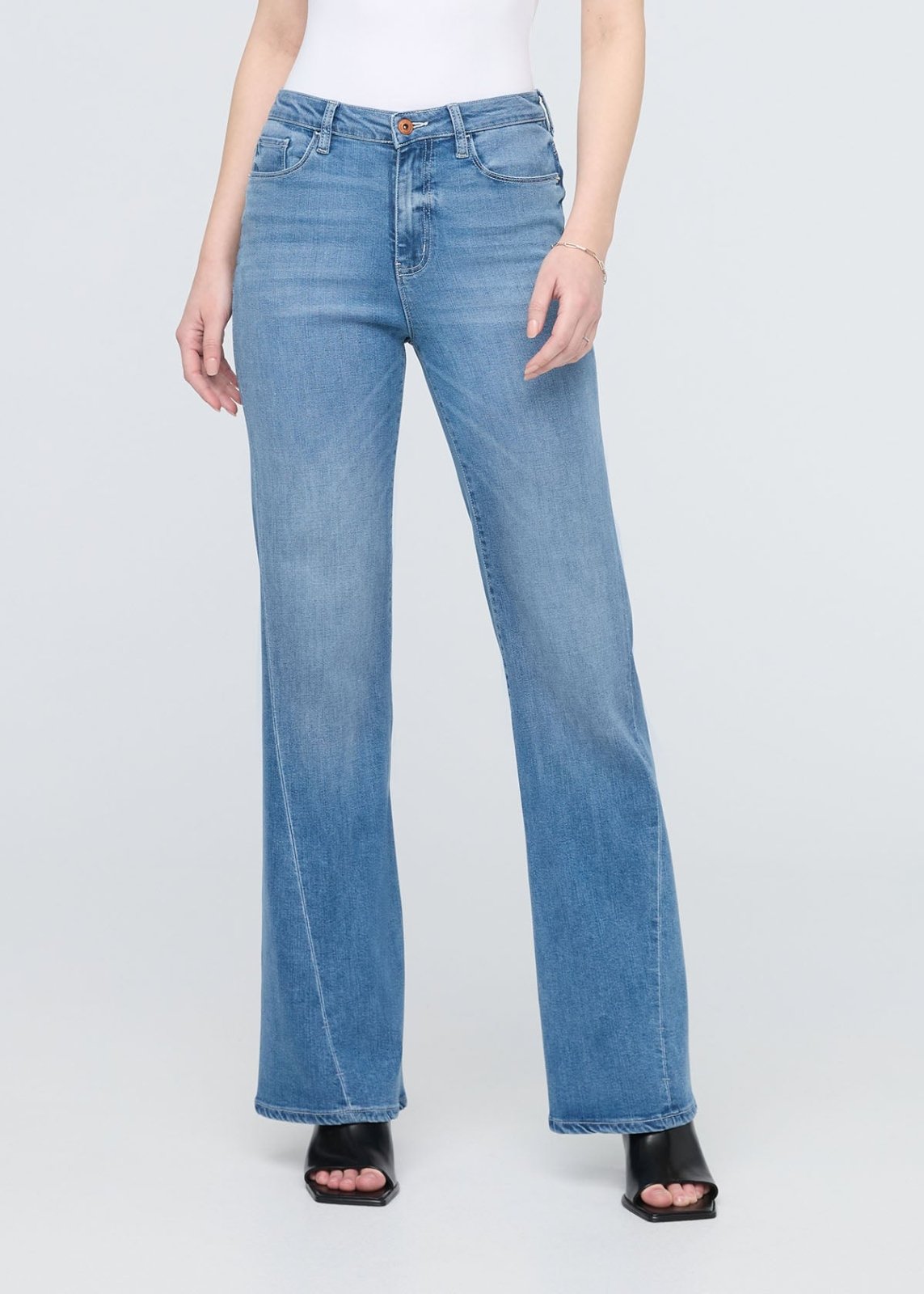 women's medium wash no sweat denim high rise wide leg front